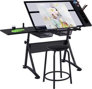 Yaheetech Drawing Table, Art Craft Desk with Adjustable Tabletop, Painters/Artist Work Station, Study Table with Stool, Tempered Glass Top