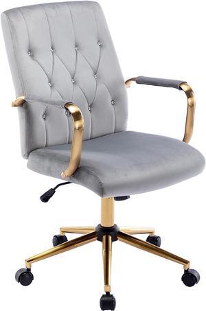 DUHOME Velvet Home Office Desk Chairs, Modern Gold Task Chair with Wheels for Office, Swivel Adjustable Computer Chair with Armrest and Gold Base Grey
