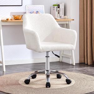 SSLine Faux Fur Vanity Chair Elegant White Furry Makeup Desk Chairs for Girls Women Modern Comfy Arm Chair with Wheels in Bedroom Living Room(White&Silver)