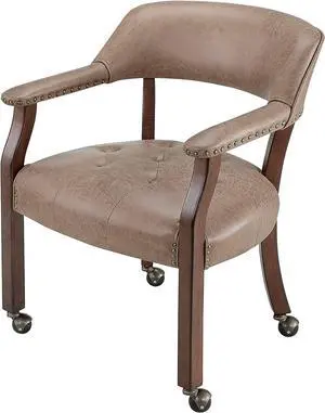 LEEMTORIG Modern Dining Chair with Wheels and Arms, Office Guest Chairs & Reception Chairs, Suede Skin Comfortable Mid Century Poker Table Armchair Wood Chairs, Cherry & Yellowish Brown SY-1533-LT
