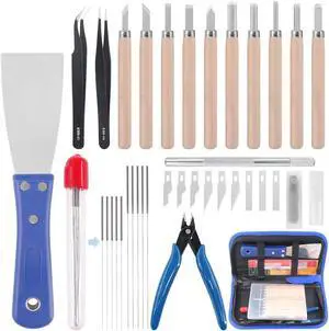 Glarks 34Pieces 3D Printer Nozzle Cleaning Removal Tool Kit, Including 0.35mm 0.4mm Cleaning Needles, Wood Carving Tools Kit, Knife Clean Up Kit, Tweezers, Scraper, Wire Cutter