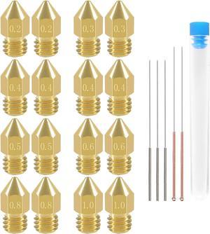 Aokin 16 Pcs 3D Printer Nozzles MK8 Extruder Nozzles 0.2/0.3/0.4/0.5/0.6/0.8/1.0mm and 5 Pcs 0.2/0.3/0.4/0.5/0.6mm Nozzle Cleaning Needles for Creality Ender 3/3 Pro/3 V2, Ender 5/5 Pro, CR-10/10S