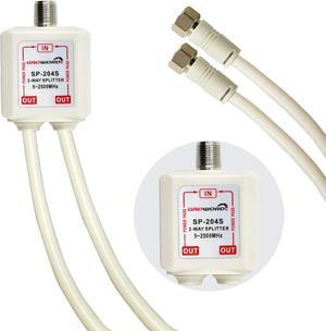 GROWORD Satellite Splitter 5-2500MHz, 2-Way CATV Splitter with RG6 Coaxial Cable and 2 Connectors, for Pass Power to LNB, Improve HD TV Satellite Antenna Signal Quality, Corrosion Resistant