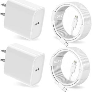 iPhone Charger 10FT Apple MFi Certified 2 Pack 20W PD USB C Wall Fast Charger Adapter with 2 Pack 10FT Long Type C to Lightning Cable Compatible with iPhone 14 13 12 11 Pro Max XR XS XiPad