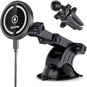 OHLPRO for MagSafe Car Mount Charger Magnetic Wireless Car Mount Fast Charging for iPhone 15141312 Series Adjustable Telescopic Long Arm Suction Cup Phone Holder for Car Dashboard Windshield Vent