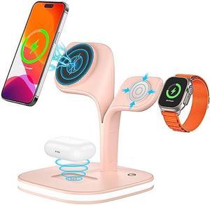 Wireless Charging Station Magnetic Charging Station 5 in 1 Fast Mag Safe Charger for iPhone 14 13 12 Series Wireless Charger Stand for Apple Watch Ultra 8 7 6 5 4 3 2 Airpods Pro 3 2 Pink