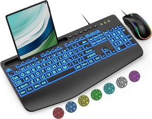 SABLUTE Wired Keyboard and Mouse Combo, Large Print Backlit Keyboard with Wrist Rest and 7-Color Backlit, Lighted Computer Keyboards Easy to See, Light Up USB Keyboard Mouse for PC, Windows, Laptop