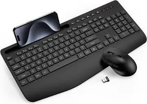 Wireless Keyboard and Mouse Combo - Full-Sized Ergonomic Keyboard with Wrist Rest, Phone Holder, Sleep Mode, Silent 2.4GHz Cordless Keyboard Mouse Combo for Computer, Laptop, PC, Mac, Windows -Trueque