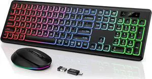 Wireless Keyboard and Mouse Backlit, Quiet Light Up Keys, Tilt Legs, Sleep Mode - Rechargeable USB Cordless Combo for Computer, iMac, PC, Laptop - by SABLUTE, Black