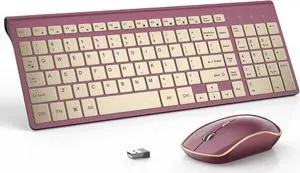 JOYACCESS Wireless Keyboard and Mouse, 2.4g Slim and Ergonomic Wireless Keyboard Mouse Combo- Full Size and Portable Design for Laptop/Windows/Computer-Wine Red Gold