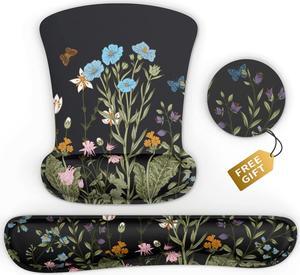 Keyboard Wrist Rest Support Ergonomic Mouse Pad Desk Memory Foam Keyboard Set Mousepad with Wrist Rest for Computer Keyboard Black Flower