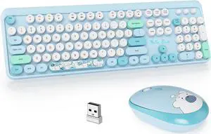 GTSP Typewriter Wireless Keyboard Mouse Combo, Cute 2.4G Office Full-Sized Retro Keyboard with Round Keycaps for Laptop PC DesktopsBlue
