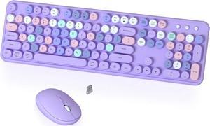 Colorful Wireless Keyboard and Mouse Combo, COVEVA 2.4GHz Wireless Retro Cute Round Keycaps Keyboard, 104 Keys Full-Sized Keyboard Mouse Set with Switch Button for PC Laptop Desktop (Purple Colorful)