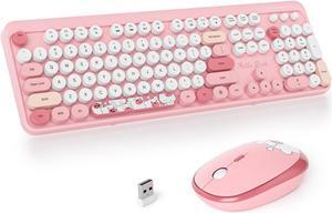 Fogruaden Wireless Keyboard and Mouse Combo, Pink Retro Typewriter Keyboard, 2.4GHz Full Size Round Keycap Cute Computer Keyboard with Number Pad, Pink Colorful Keyboard for Windows PC Laptop(Pink)