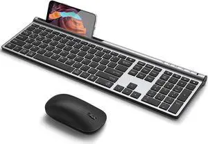 Wireless Keyboard and Mouse Combo, CHESONA Bluetooth Rechargeable Full Size Mulit-Device (Bluetooth 5.0+3.0+2.4G) Wireless Keyboard Mouse Combo for Mac OS/iOS/Windows/Android (Silver Black)
