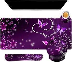 ARTSO Desk Mat, Large Gaming Mouse Pad Wrist Support Set, Ergonomic Keyboard Wrist Rest Desk Pad with Coaster Combo, Extended Mousepad with Non-Slip for Home Office, Purple Heart Butterfly