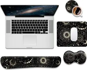 Keyboard Wrist Rest Support + Mouse Pad + Mouse Wrist Rest + Coaster, 4 PCS Set Ergonomic Memory Foam Mousepad with Durable Anti-Slip Rubber Base for Office, Home & Easy Typing Pain Relief, Moon Sun