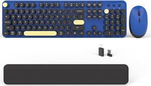 Wireless Computer Keyboards Mouse Combos, COVEVA Colorful Typewriter Retro Keyboard with Round Keycaps, USB Keyboard and Mouse Set 2.4GHz Full-Size Wireless Keyboard and Optical MouseBlack-Blue