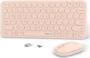 Mini Computer Wireless Keyboard and Mouse Combo, UBOTIE Colorful Compact Silent Linear Switch Round Keycaps TKL Keyboards with Optical Mouse for Travel Business(Pink)