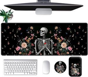 Large Mouse Pad Set, Desk Mat + Elbow Rest Pad + Coaster, Easy Typing Pain Relief, Ergonomic Arm Rest Pad with Memory Foam, Extended Desk Pad Anti-Slip Rubber Base for Office Home, Floral Skull