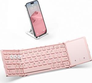 Foldable Bluetooth Keyboard, Wireless Portable Keyboard with Larger Touchpad, Pocket-Sized Pink Folding Keyboard for MacOS Android Windows iOS, Sync Up to 3 Devices (BT5.1 x 3)