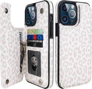 HAOPINSH for iPhone 13 Pro Max Wallet Case with Card Holder, White Leopard Cheetah Pattern Back Flip Folio PU Leather Kickstand Card Slots Case for Women Girls, Double Magnetic Shockproof 6.7"