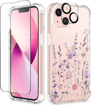 Designed for iPhone 13 Case 6.1 Inch, with Tempered Glass Screen Protector + Camera Lens Protector Clear Flower Soft & Flexible Shockproof Floral Women Phone Cover (Floratopia/Colorful)