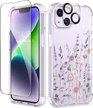 for iPhone 14 Case Floral, with Screen Protector+Camera Lens Protector,[Non Yellowing]Soft Shockproof Clear Phone Protective Cover for Women, Flower Pattern Design 6.1"(AA-Floratopia/Colorful)