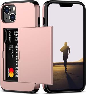 for iPhone 13 Case with Card Holder Heavy Duty Protective Dual Layer Shockproof Hidden Card Slot Slim Wallet Case for iPhone 13 for Women&Men(Rose Gold)