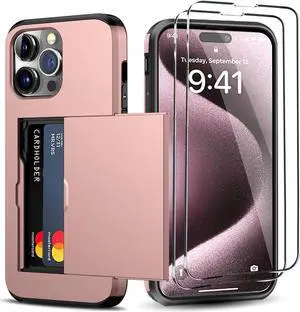 for iPhone 15 Pro Wallet Case with Card Holder + 2 Tempered Glass Screen Protector, Heavy Duty Protective Dual Layer Shockproof Hidden Card Slot Slim Case Women Men 6.1 inch (Rose Gold)