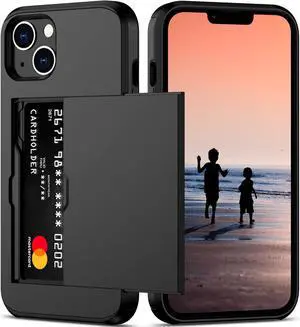 for iPhone 14 Case with Card Holder Heavy Duty Protective Dual Layer Shockproof Hidden Card Slot Slim Wallet Case for iPhone 14 for Women&Men(Black)