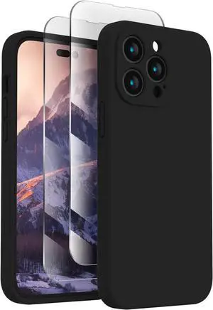 FireNova Designed for iPhone 14 Pro Case, Silicone Upgraded [Camera Protection] Phone Case with [2 Screen Protectors], Soft Anti-Scratch Microfiber Lining Inside, 6.1 inch, Black
