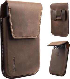 Leather Cell Phone Holster with Belt Clip, Flip Case for iPhone 14 13 Pro Max, Holder S22 Plus, Universal Pouch Large Phone,Darkbrown
