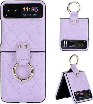 Miimall Leather with Ring Compatible with Motorola Razr 2023 Case, Back Screen Protector + Metal Ring Holder Kickstand, Electroplating Frame Case for Moto Razr 2023 (Purple)