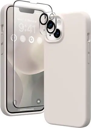 GONEZ for iPhone 14 Case Silicone, with 2X Screen Protector + 2X Camera Lens Protector, [Soft Anti-Scratch Microfiber Lining], Liquid Silicone Shockproof Protective Phone Cover 6.1", Stone