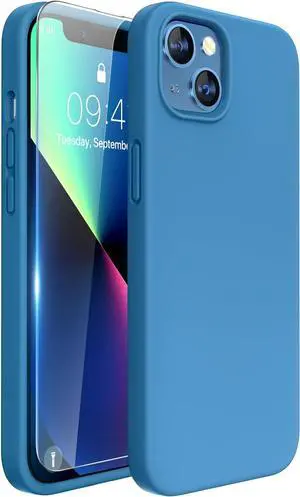 Designed for iPhone 13 Case, with Tempered Glass Screen Protector, [Soft Anti-Scratch Microfiber Lining], Shockproof Liquid Silicone Rubber Phone Case Cover for 13 6.1 inch(Capri Blue)