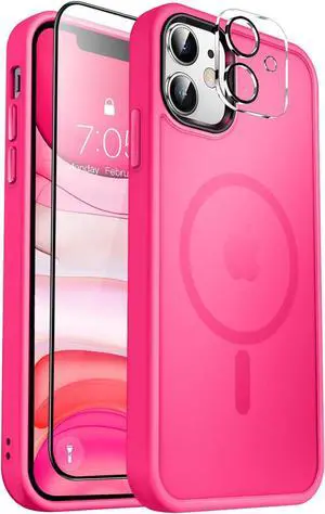 MOCCA Strong Magnetic for iPhone 11 Phone Case,[Compatible with Magsafe][Glass Screen Protector+Camera Lens Protector] Slim Thin Shockproof Cover Case for iPhone 11 6.1 inch, Hot Pink