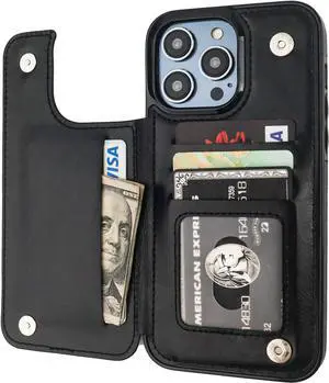Compatible with iPhone 14 Pro Max Wallet Case with Card Holder, PU Leather Kickstand Card Slots Case, Double Magnetic Clasp and Durable Shockproof Cover 6.7 Inch (Black)