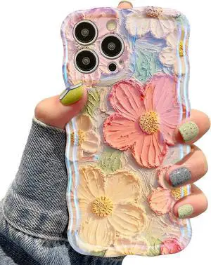 Case for iPhone 14 Pro Max 6.7 inch, Colorful Retro Oil Painting Flower Case Pretty Glossy Pattern Wave Case Cute Sparkly Floral Curly Cover Stylish Soft Case for Women and Girl - Orange Yellow