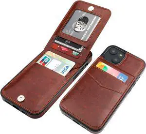 KIHUWEY Compatible with iPhone 14 Case Wallet with Credit Card Holder, Flip Premium Leather Magnetic Clasp Kickstand Heavy Duty Protective Cover for iPhone 14 6.1 Inch (Brown)