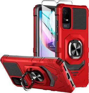 for TCL ION X/TCL ION V/TCL 40Z T607DL Case with Tempered Glass Screen Protector,Military Grade Heavy Duty Shockproof Protective Cover,with Ring Kickstand Full-Body Protective (Red)