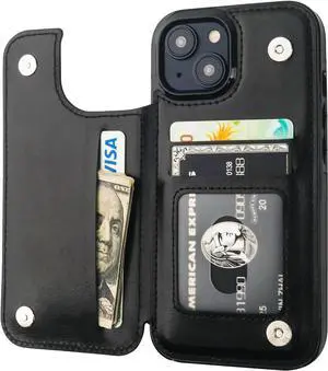 Compatible with iPhone 15 Wallet Case with Card Holder, PU Leather Kickstand Card Slots Case, Double Magnetic Clasp and Durable Shockproof Cover 6.1 Inch (Black)