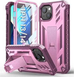 for iPhone 13 Case Protective Cover: iPhone 14 case Heavy Duty Military Grade Hard Protection Shock Proof Grip | Durable Dual-layer Design iPhone 13-14 Phone Case with Built-in Kickstand(Pink Rose)