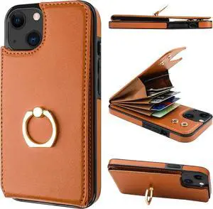 Folosu Compatible with iPhone 13 Case Wallet with Card Holder, 360°Rotation Finger Ring Holder Kickstand Protective RFID Blocking PU Leather Double Buttons Flip Shockproof Cover 6.1 Inch Brown