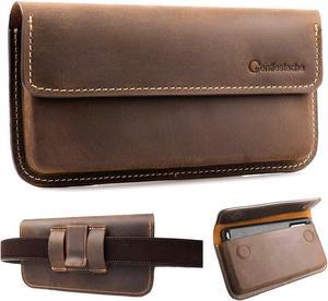 Large Leather Phone Holster for iPhone 14 Pro 13 Pro, Flip Cell Phone Case for Galaxy S23 S22, Phone Belt Holder with Belt Clip, Phone Pouch for Phone with Protective Case