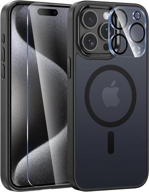 for iPhone 15 Pro-Max Case: Strong Magnetic Phone Case with Screen Protector | Camera Protector Translucent Matte Slim Shockproof Military-Grade Drop Protection Phone Cover (Black)