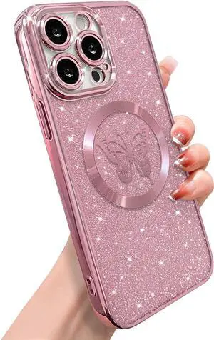 for iPhone 15 Pro Max Case Magnetic,for Women Girl Soft Cute Luxury Butterfly Pattern Plating Glitter Bling Phone Case Compatible with MagSafe Clear Shockproof Back Cover 6.7"-Pink
