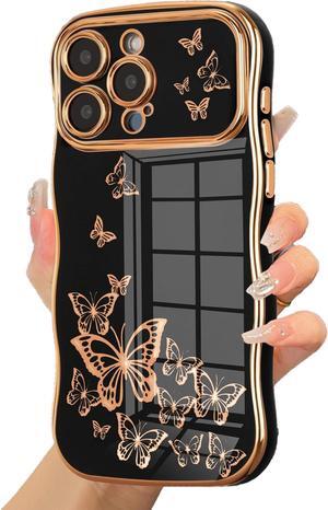for iPhone 13 Pro Max Case for Girl Women, Cute Curly Wave Frame with Luxury Plating Butterfly Pattern, Soft TPU Shockproof Raised Lens Protection Phone Case for iPhone 13 Pro Max, Black