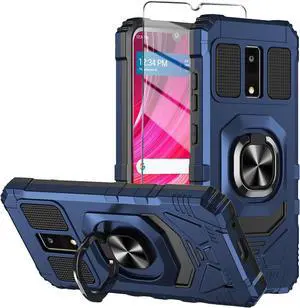 for BLU View 4 Phone Case with Tempered Glass Screen Protector,Military Grade Heavy Duty Shockproof Protective Cover,with Ring Kickstand Full-Body Protective for BLU View 4 (B135DL) (Navy)