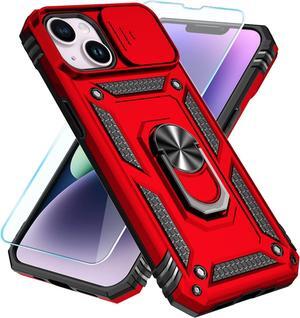 SunStory Compatible with iPhone 13 Case/iPhone 14 Case with HD Screen Protector & Slide Camera Cover & Rotated Ring Kickstand,[Military-Grade] Phone Case for iPhone 13/14 (Red)